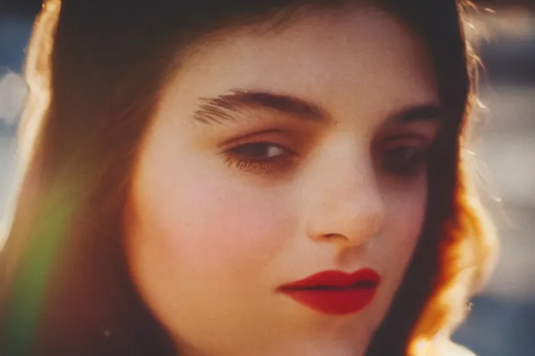 Image similar to 7 0 s street photography, close - up portrait, light shining on model lips, soft light, no focus