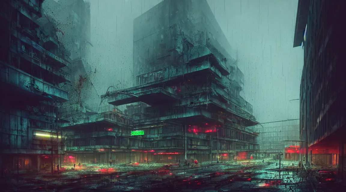 Image similar to post apocalyptic city building, raining, building, avenue, modern contemporary urban americana concrete architecture, by pascal blanche, neil blevins, neon color scheme, trending on artstation, photorealistic, neon ambiance, ultra detailed, high definition, depth of field, bokeh, wild vegetation, blood stains, crumbling, post - apocalyptic warriors