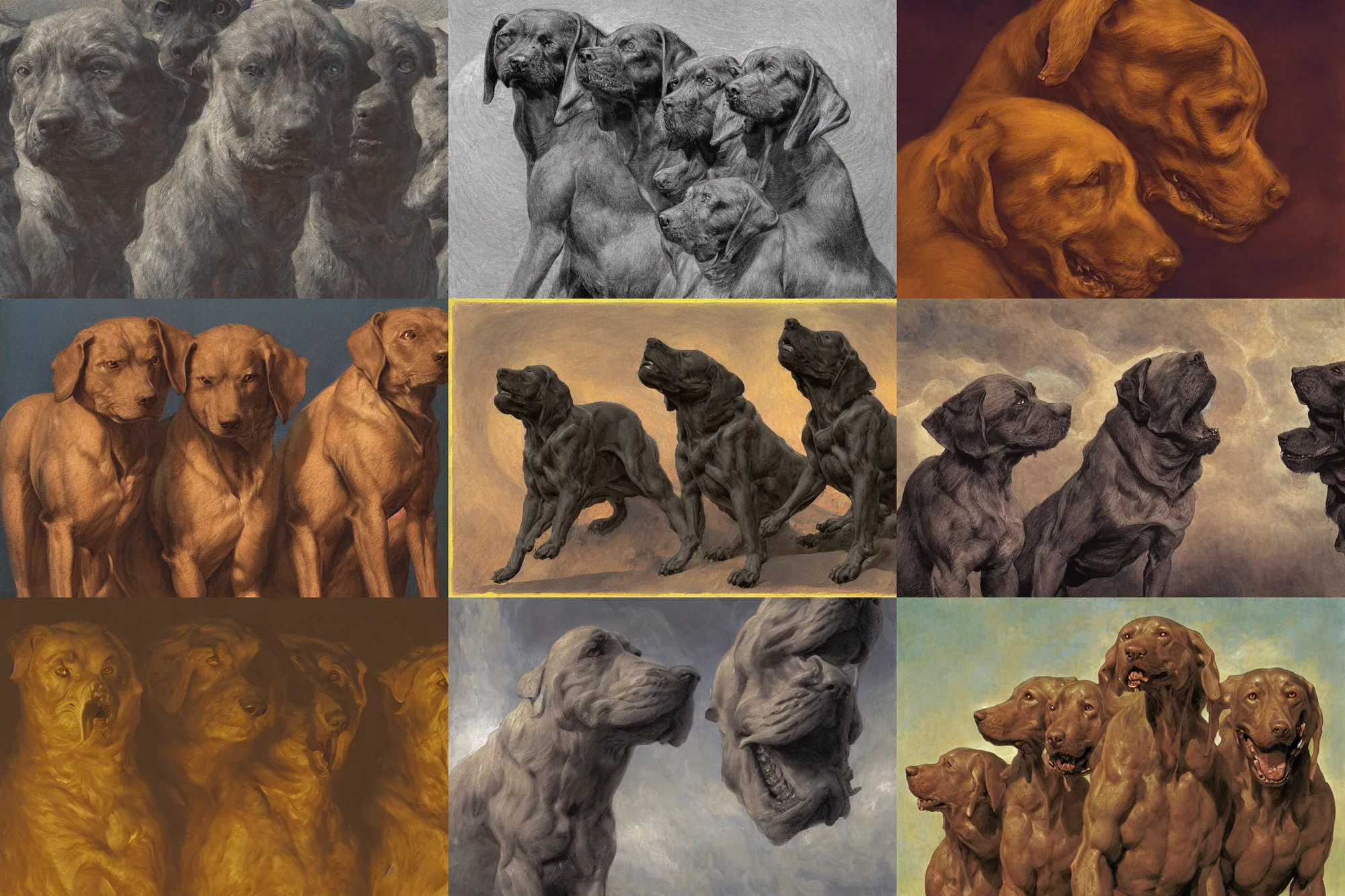 Prompt: cerberus hyperdetailed matte art of a three headed dog cerberus by william blake, ilya repin, amano, rene magritte, craig mullins, three headed dog cerberus, details