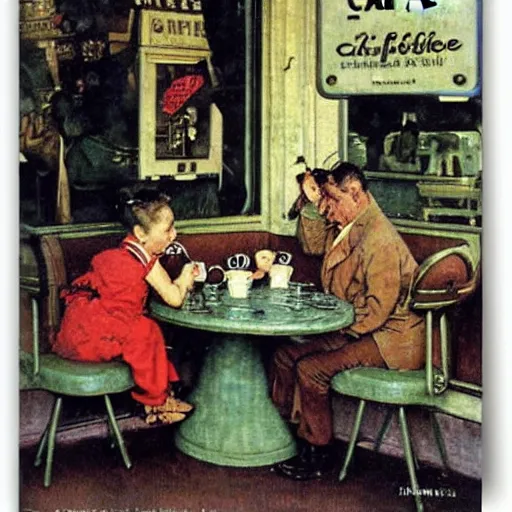 Image similar to aliens having a cup of coffee on at cafe in paris by norman rockwell