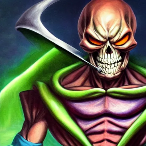 Image similar to ultra realistic portrait painting of skeletor as piccolo, art by akira toriyama, 4 k, ultra realistic, highly detailed, epic lighting