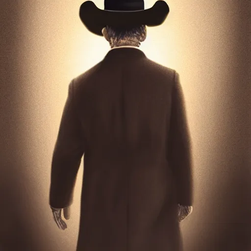 Prompt: a man with a long coat and a cowboy hat walking in a western town, by Shaddy Safadi, dramatic lighting, digital painting, 8k, highly detailed
