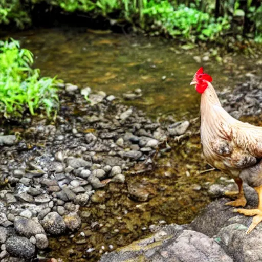 Prompt: a chicken next to a stream