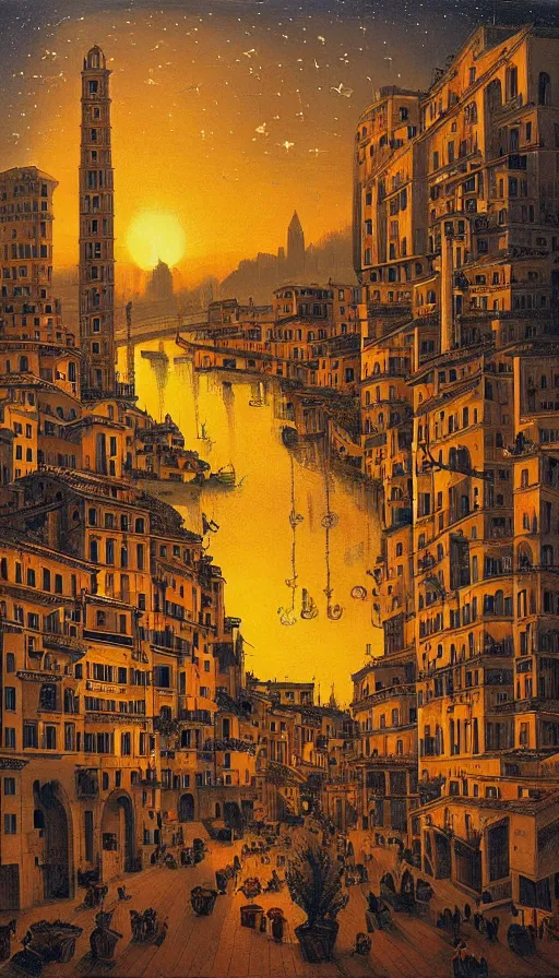 Image similar to The starlit city of wisdom and dreams at sunset, italian futurism, da vinci, Josan Gonzalez