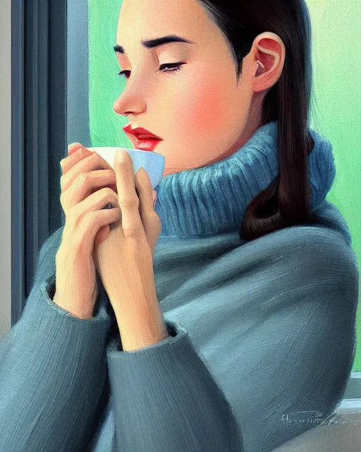 Image similar to a dreamy painting of a pretty french girl with dark hair, wearing an oversized sweater, cuddled up by a windowsill making eye contact with the viewer, holding a mug of hot tea covering her lower face. In the style of ilya kuvshinov, elegant, highly detailed, photorealistic, digital painting, bokeh, HDR, high resolution, artstation, concept art, smooth