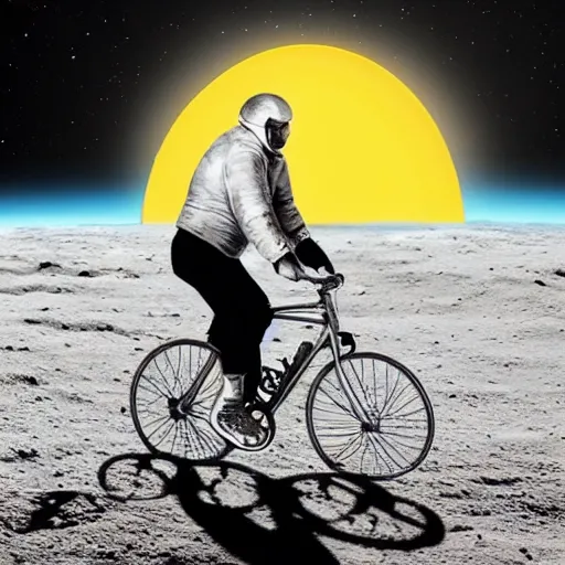 Image similar to a wheel of cheese is cycling fast on a bike on the surface of the moon and drives away from a huge and dangerousmushroom cloud of a nuclear explosion. photorealistic