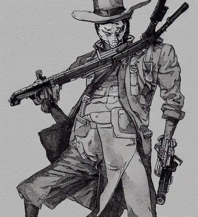 Prompt: a watercolor ink painting of an anthropomorphic bunny mercenary / gunslinger posing with their revolver in the style of jean giraud in the style of moebius trending on artstation deviantart pinterest detailed realistic hd 8 k high resolution