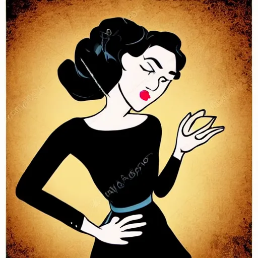 Image similar to beautiful woman with an halo, wearing an black dress and sitting in an piano, 3 0 s cartoon style art