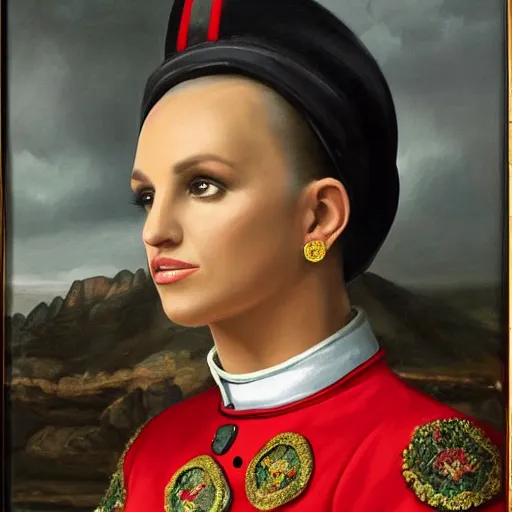 Image similar to portrait of britney spears wearing a swiss guard uniform, oil on canvas, 8 k, very detailed, very intricate,