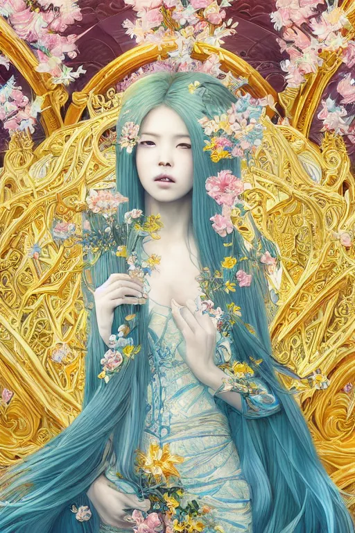 Image similar to breathtaking detailed painting by pilyeon and yuumei art, a full shot queen with long flowing bright blue hair, long dress and pastel flowers petals and golden tumultuous clouds, symmetrical facial features, at dawn in front of a pristine golden art nouveau cathedral, elegant, highly detailed, artstation, concept art, matte, sharp focus,