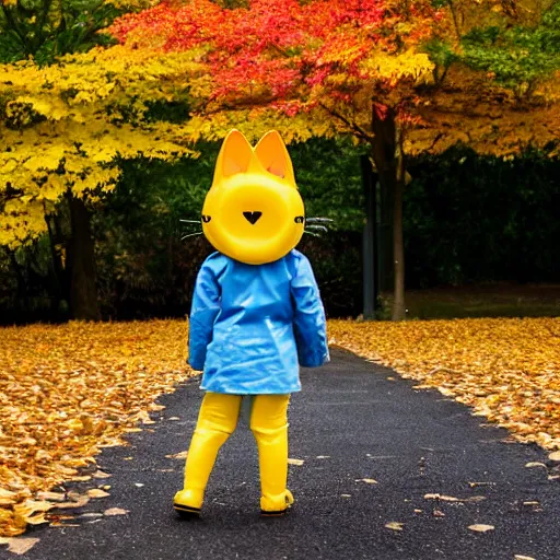 Prompt: anthropomorphic cute kitten wearing a yellow raincoat and yellow boots getting off the schoolbus on the first day of kindergarten, with colorful fall leaves and light rain, critical moment photograph