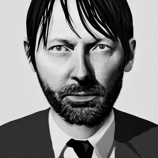 Image similar to a black and white photo of radiohead in a suit, a portrait by John E. Berninger, behance, private press, ultrafine detail, chiaroscuro, studio portrait