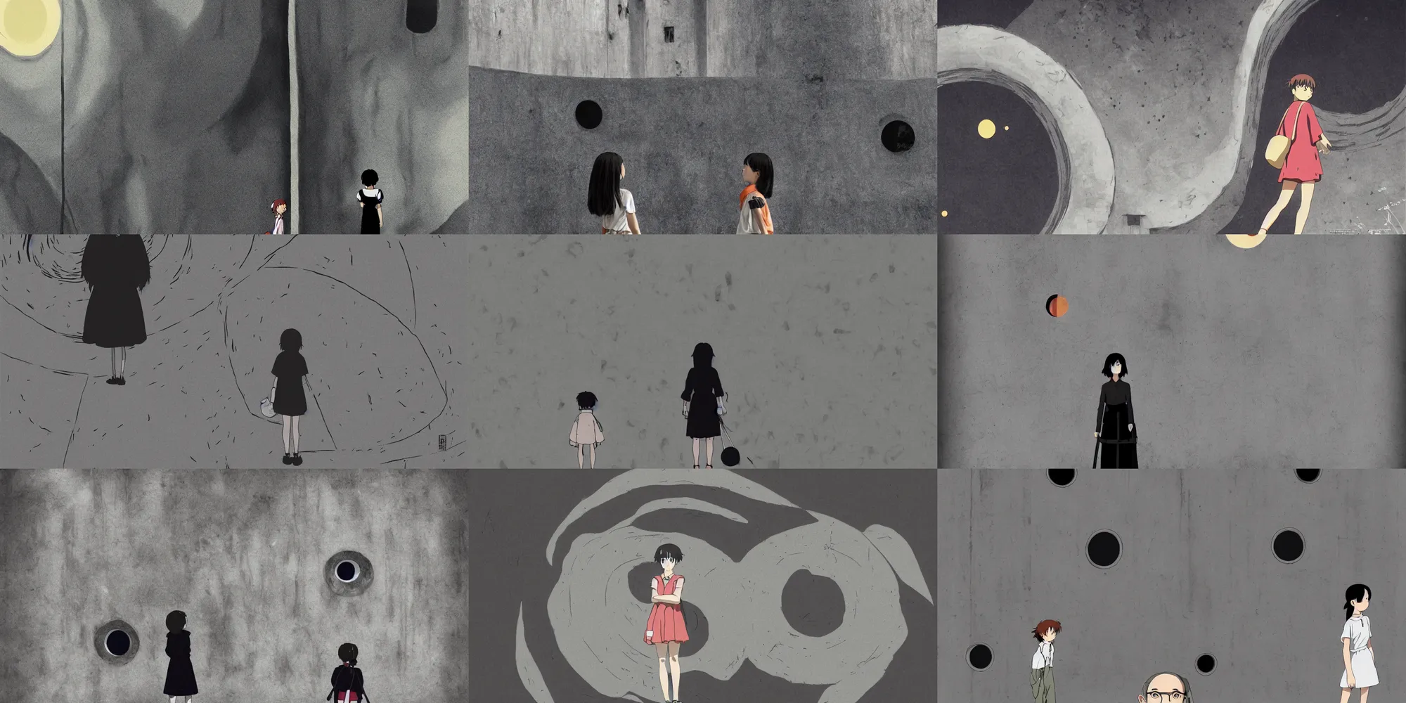 Prompt: ghibli miyazaki movie poster, ultra wide, brutalist, girl outside a large vanta black hole in the side of a concrete wall, black circle, black round hole, black depths