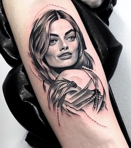 Prompt: tattoo design sketch of margot robbie and beautiful mountain scenery mash up, in the style of maaika de jong, surrealist, amazing detail, sharp