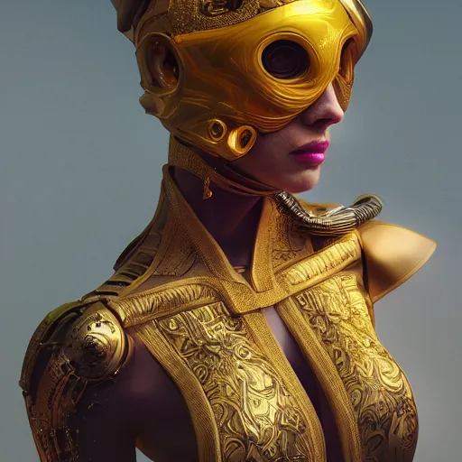 Prompt: portrait of an evil beautiful woman, marble skin, golden helmet, golden splatters, high - tech, cyberpunk, by kim jung gi, irakli nadar, intricate linework, bright colors, octane render,