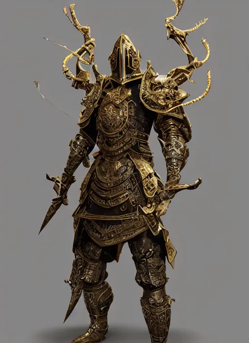 Image similar to front view, a medieval eldritch knight ornate armor made of carved wood and ivory, jeweled with strips of gold, intricate, design by feng zhu and craig mullins, peter mohrbacher, zhelong xu, ultra realistic, simple background, 8 k, octane render, unreal 5