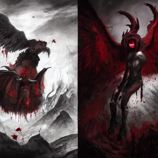 Prompt: the fall of super mad and with extrem anger lucifer in hell, oppressive and dark amotsphere with many shadows, blood and dark red highlights, dramatic horror concept art by aleksandra waliszewska and aoi ogata