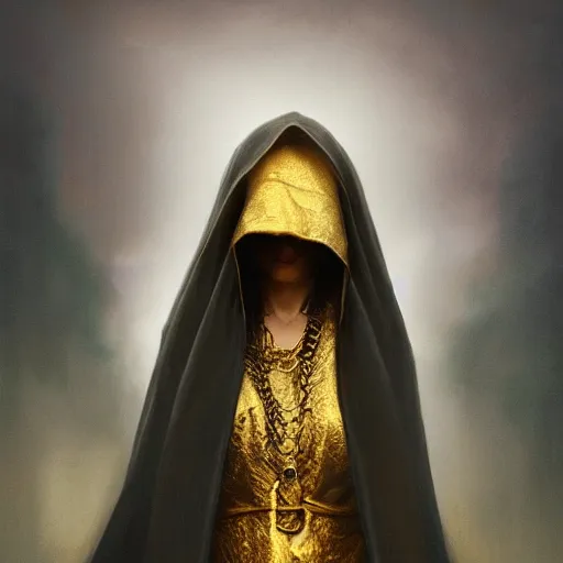 Image similar to a portrait of a young woman wearing a long dark cloak, hood and shadows covering face, holding golden chains, oil painting, matte painting, black background, Volumetric Golden dappled dynamic lighting, Highly Detailed, Cinematic Lighting, Unreal Engine, 8k, HD, by Beksinski