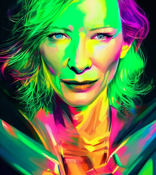 Image similar to cate blanchett ,neon colors, strong lighting, by Josan Gonzalez, HD, 4K