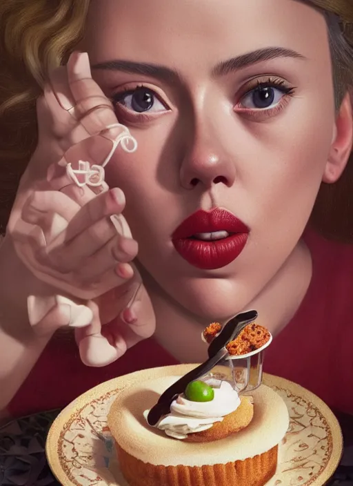 Image similar to closeup portrait of tin toy scarlett johansson eating cakes, depth of field, zeiss lens, detailed, symmetrical, centered, fashion photoshoot, by nicoletta ceccoli, mark ryden, lostfish, earl nore, hyung tae, frank frazetta, breathtaking, 8 k resolution, extremely detailed, beautiful, establishing shot, artistic, hyperrealistic, octane render