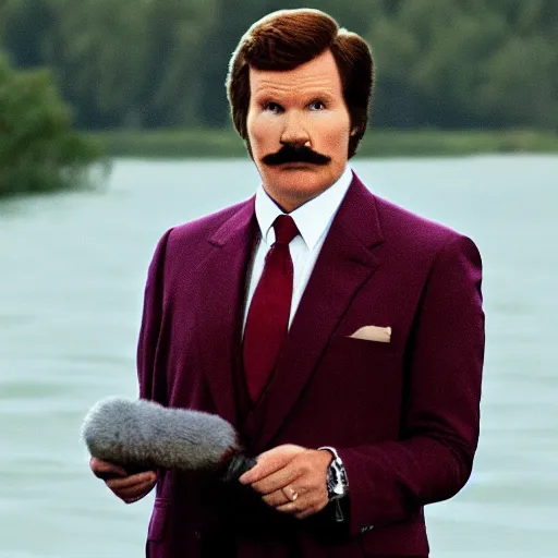 Image similar to Realistic image: Ron Burgundy standing near a lake