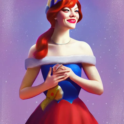 Image similar to digital painting of Emma Stone as a Disney princess wearing snow white's dress, Pixar style, professional studio lightening, volumetric lightening, photorealism by Tristan Eaton Stanley Artgerm and Tom Bagshaw