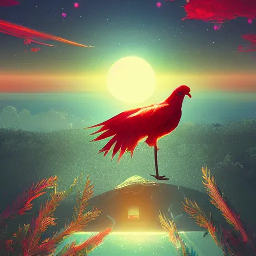 Image similar to the solarpunk phoenix, optimistic, red bird, ornate egg, regeneration, landscape, epic composition, volumetric light, bokeh, painting by ilya kuvshinov and by makoto shinkai