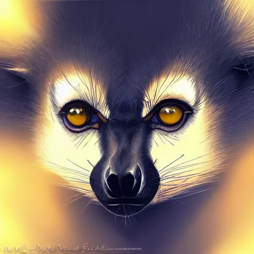 Prompt: Geometric lemur portrait, sun in the background, intricate, elegant, highly detailed, digital painting, artstation, concept art, smooth, sharp focus, illustration, art by artgerm