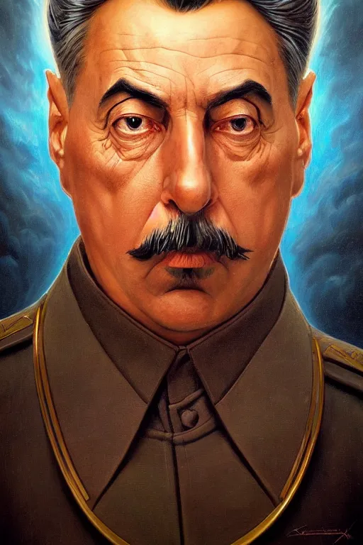 Image similar to a portrait of intergalactic joseph stalin, grim - lighting, high - contrast, intricate, elegant, highly detailed, centered, digital painting, artstation, concept art, smooth, sharp focus, illustration, artgerm, tomasz alen kopera, peter mohrbacher, donato giancola, joseph christian leyendecker, wlop, boris vallejo