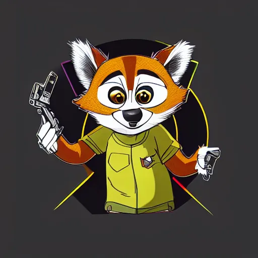 Prompt: “ logo of a lemur in the style of zootopia holding laser gun, with a black background, digital art, award winning, trending on art station, retro style ”