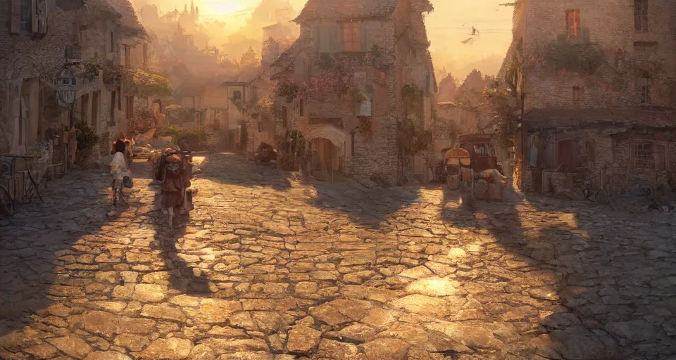 Image similar to craig mullins and ghibli digital art, village of lourmarin at sunset unreal engine, hyper realism, realistic shading, cinematic composition, realistic render, octane render, detailed textures, photorealistic, wide shot