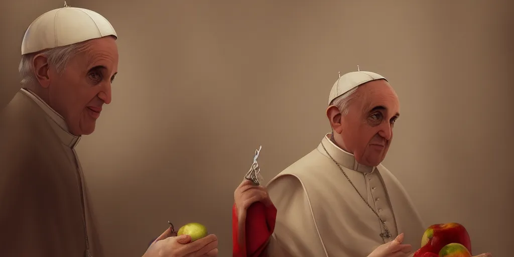 Image similar to The Pope eating an apple, hyperdetailed, artstation, cgsociety, 8k