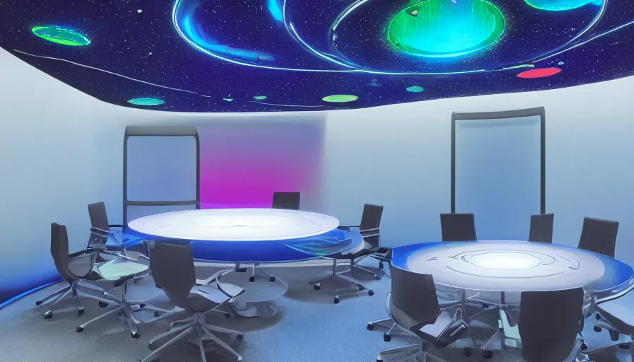 Image similar to a space ship circular meeting room with bright holodesk in the center showing a blue hologram of a solar system, dark people discussing, contrasted light, clair obscur, illustration, clean lines, star wars vibe, by sead mead, by feng zhu!!! by moebius, vivid colors, spectacular cinematic scene