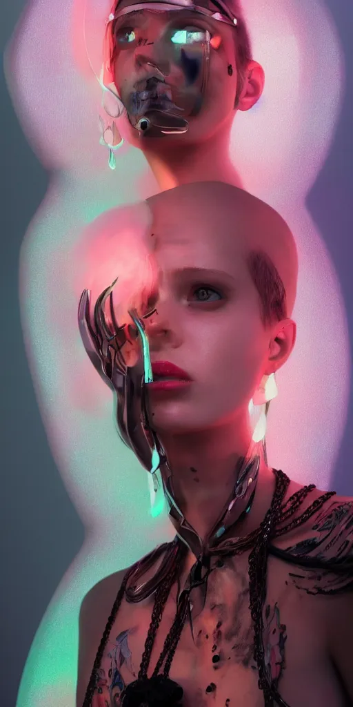 Image similar to hyperrealistic futuristic high fashion photography, girl in studio, full body, vogue magazine, nomad masterpiece, nano parts, neon lights, smoke, eerie music, beautiful intricate face and flawless skin, tribal jewelry, tattoos, perfect hands, head piece, by Edgar Maxence and Ross Tran and Michael Whelan, 8k, octane render