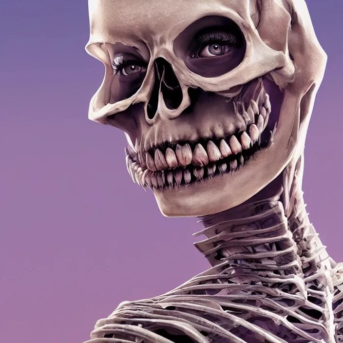 Image similar to portrait of Margot Robbie as a skeleton. intricate abstract. intricate artwork. nightmare fuel. by Tooth Wu, wlop, beeple, dan mumford. octane render, trending on artstation, greg rutkowski very coherent symmetrical artwork. cinematic, hyper realism, high detail, octane render, 8k, iridescent accents