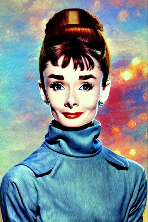 Prompt: impressionism painting of a d & d style retro sci - fi audrey hepburn beautiful face and wearing full detailed clothing