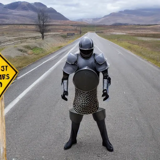 Prompt: a man wearing armor made of roadsigns