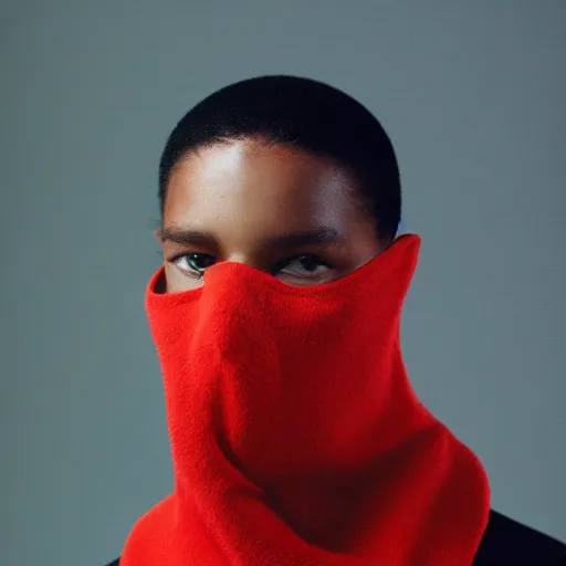 Image similar to realistic! photoshoot for a new balenciaga lookbook, color film photography, portrait of a beautiful woman wearing a balaclava puffer mask, photo in style of tyler mitchell, 35mm lens