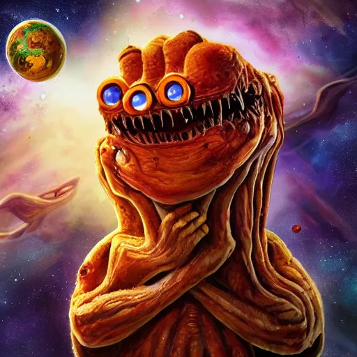 Prompt: one eldritch horror bloody garfield in space, galaxy, hd, 8 k, giant, epic, realistic photo, unreal engine, stars, prophecy, powerful, cinematic lighting, destroyed planet, debris, violent, sinister, ray tracing, dynamic, print, epic composition, dark, horrific, teeth, grotesque, scary