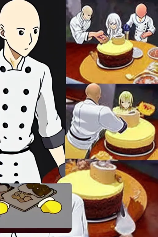 Image similar to chef saitama one punch man, dressed as a pastry chef, making a cake, anime artwork