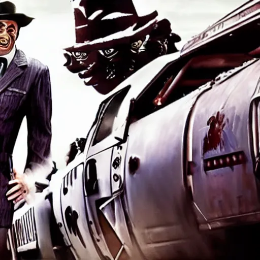 Image similar to a still from the movie casablanca crossover with the game twisted metal black