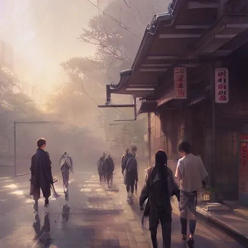 Image similar to walking from naka - meguro, tokyo. volumetric lighting, spring late morning, nice slight overcast weather, realistic illustration, perfectly shaded, soft painting, art by krenz cushart and wenjun lin