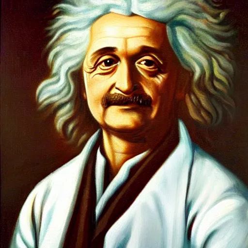 Image similar to oil painting portrait of the lovechild of Isaac Newton and Albert Einstein