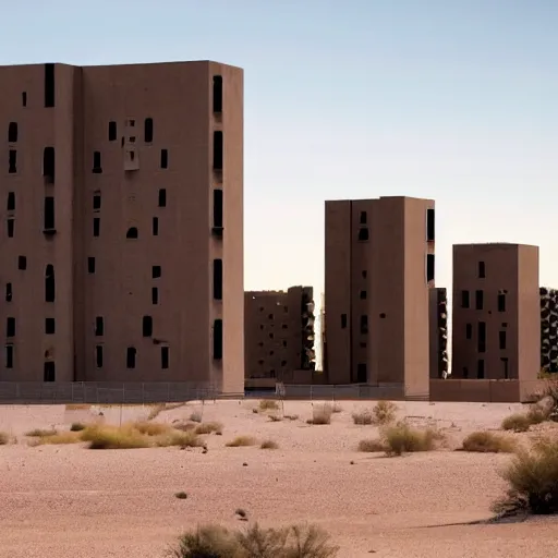 Prompt: brutalism skyscraper hotel in the desert