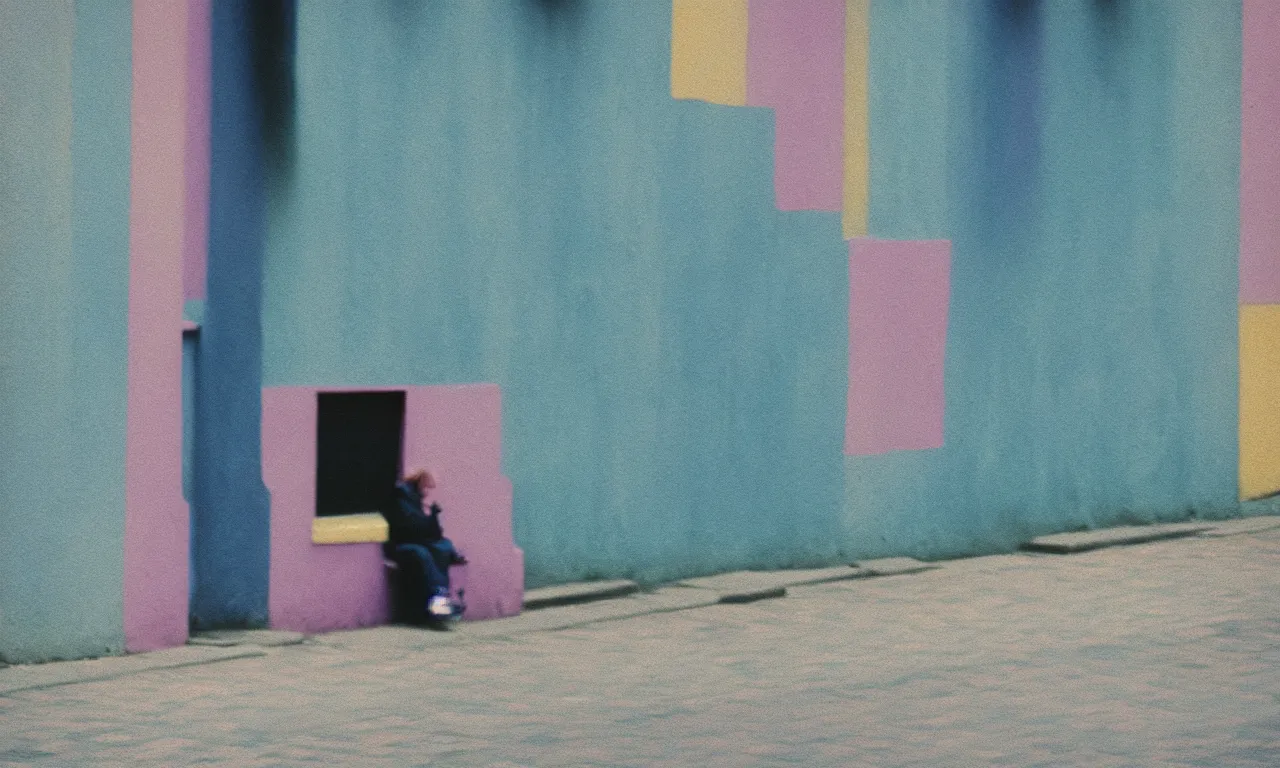 Image similar to 4x5 styled street photography, pastel colours, abstract composition, rule of thirds, decisive moment, pastel colours enshrouding, grainy, shallow depth of field, 35mm lens