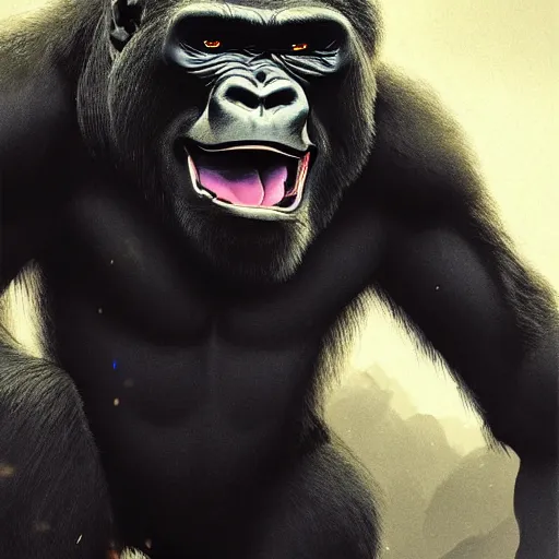Prompt: a gorilla performing on stage at Coachella, dramatic lighting, illustration by Greg rutkowski, yoji shinkawa, 4k, digital art, concept art, trending on artstation