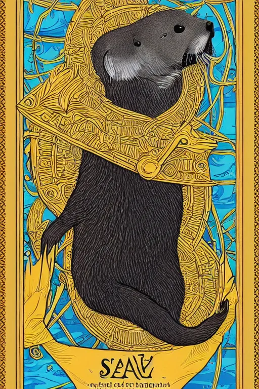 Image similar to tarot card illustration depicting a sea otter on the card the seven of fish, framed in an elaborate golden line border, tarot card, detailed illustration, sea otter, furry art, artstation, 4 k