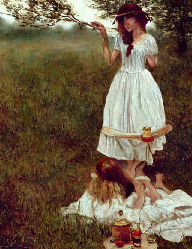 Image similar to peasant girl devour сherrys, lolita style, Cottage core, Cinematic focus, Polaroid photo, vintage, neutral colors, soft lights, foggy, by Steve Hanks, by Serov Valentin, by Andrei Tarkovsky, by Terrence Malick, 8k render, detailed, oil on canvas