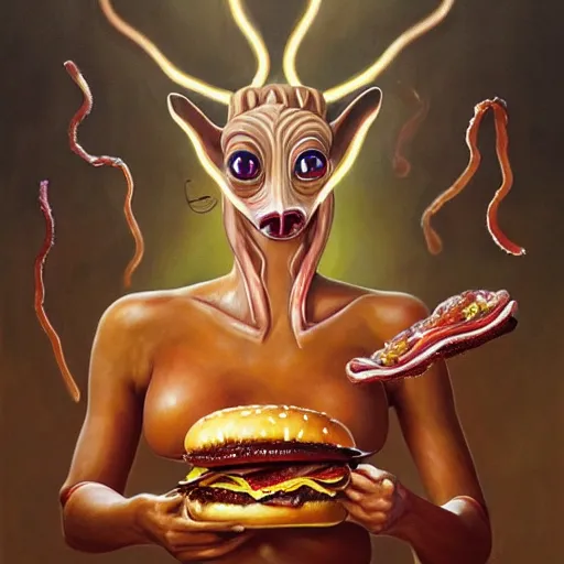 Prompt: detailed full body concept art illustration oil painting of Jar Jar Binks eating hamburgers, extra ketchup, bacon lettuce and tomatos, oriental art nouveau, frock, mid body, radiant halo of light, black gold smoke ink, woman covered in bacon and cheese, peter mohrbacher, artgerm