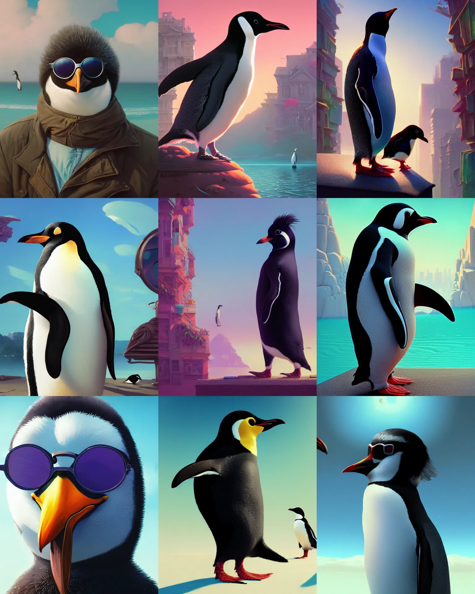 Prompt: highly detailed surreal vfx portrait of a nowpunk penguin with sunglasses, stephen bliss, unreal engine, greg rutkowski, loish, rhads, beeple, makoto shinkai and lois van baarle, ilya kuvshinov, rossdraws, tom bagshaw, alphonse mucha, global illumination, detailed and intricate environment